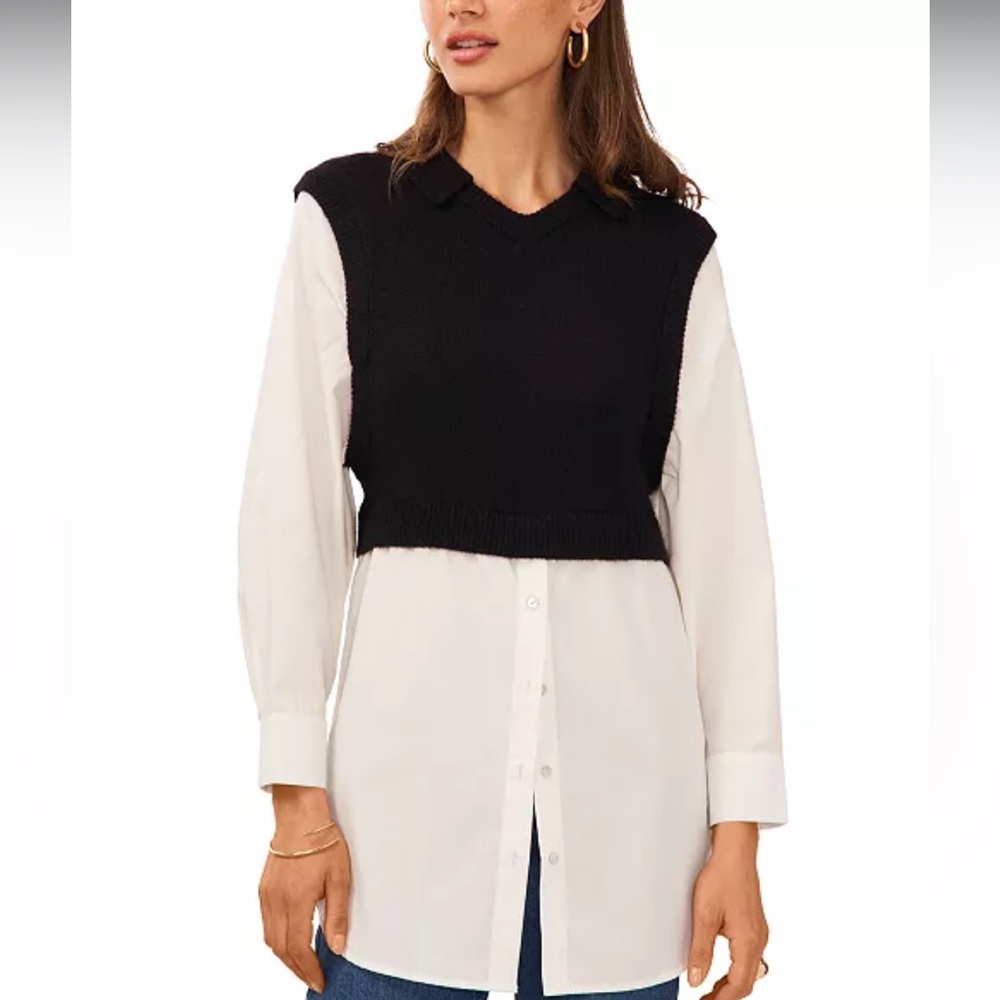 1.STATE Women's Long Sleeve Woven Top &‎ Sleeveless Knit Vest Small